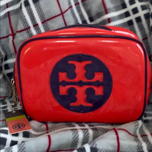 Tory Burch Handbags - Tory Burch (NWOT) Vibrant Red Cosmetic Case with Navy Logo